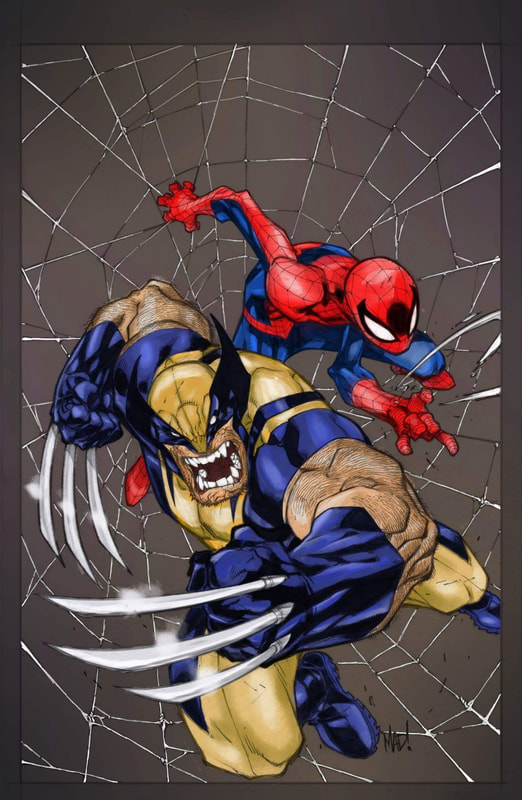 A coloured image of Wolverine and Spider-man, originally illustrated by Joe Mad!